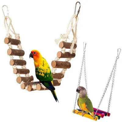 Produktbild von Vogelspielzeug 2 Stück Naturholz Seil Leiter Schaukel Hängematte für Sittiche Papageien Wellensittiche Conure Nymphensittiche