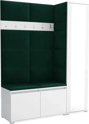 Produktbild von Garderoben-Set Noris VII mit Spiegel, gepolsterte Garderobe 145 cm, Flurmöbel mit Wandpaneelen, Schuhtruhen und Stauraum (Farbe: Weiß+ Trinity 28)