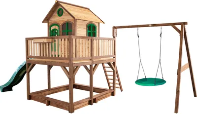 Produktbild von AXI Spielhaus Liam mit Sandkasten, Nestschaukel & grüner Rutsche | Stelzenhaus XXL in Braun & Grün aus  Holz für Kinder | Spielturm mit Wellenrutsche für den Garten