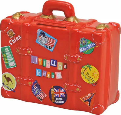 Produktbild von Rote Spardose im Kofferstil - 14x13 cm - Urlaubs-Spardose Geschenk - Reisethema Spardose