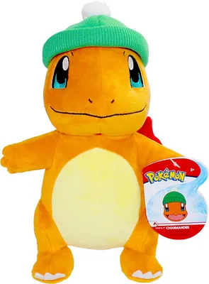 A plush toy of the Pokemon character Charmander wearing a green beanie.