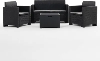 Produktbild von Garten-Loungeset aus Rattanoptik-Harz mit 2-Sitzer-Sofa, 2 Sesseln und Aufbewahrungstisch – leicht, pflegeleicht und mit abnehmbaren Kissen, ideal für Garten, Terrasse und Balkon – SALINA – Anthrazit