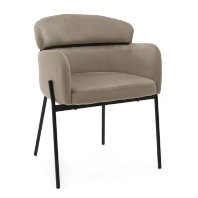 Zdjęcie produktu dla NEW HOME Krzesło BOLZANO krzesło do jadalni tapicerowane do salonu glamour z podłokietnikami - ciemnobeżowe - nowoczesne meble welur aksamit