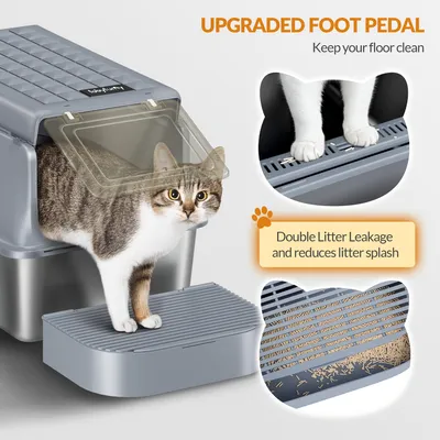 Immagine prodotto di Lettiera per gatti in acciaio inossidabile con sportello - Grigio scuro - 60x40x38,5 cm - Con paletta e pedale
