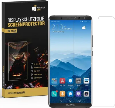 A product package for a screen protector next to a smartphone displaying a mountain landscape wallpaper.