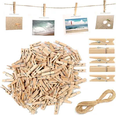 Productafbeelding van Mini houten klemmetjes, 3,5 cm, 150 stuks, met 10 meter jutekoord, voor decoratie