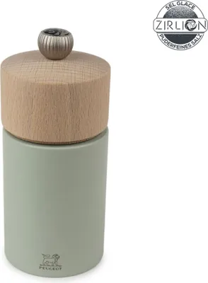 A salt grinder on a white background with a logo in the top right corner.