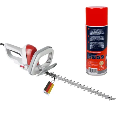 A hedge trimmer and a can of spray are displayed on a white background.