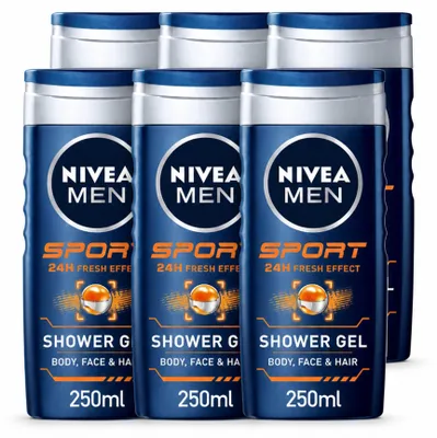 Immagine prodotto di 6 flaconi di gel doccia NIVEA MEN Sport, 250 ml ciascuno - confezione  - 6 pezzi