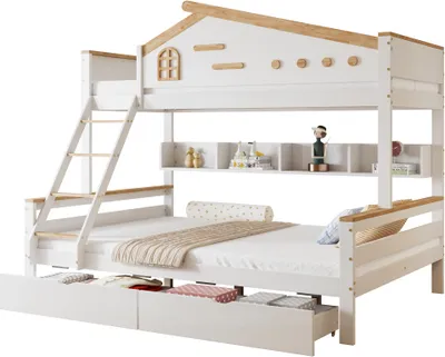 Produktbild von Etagenbett 90x200/140x200cm (ohne Matratze) Kinderbett mit Fallschutzgitter und Offenes Regal mit Fenster Schraegleiter und 2 Schubladen Weiss+Natur