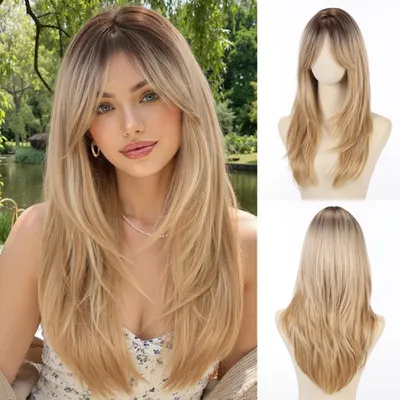 Produktbild von Langer, gerader, gestufter Haarteil – Ombre-Optik (Blond) – Synthetisches Haar – Perücke mit Pony – Strähnchen – Für Damen – Haarteil