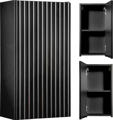 A black cabinet with vertical grooves is shown on the left. Two smaller images of the same cabinet with its doors open are shown on the right.