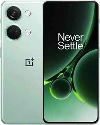 A light green OnePlus Nord 3 5G smartphone is shown from the front and back, with the screen displaying the "Never Settle" slogan and abstract green graphics.
