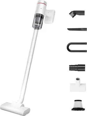 A white cordless stick vacuum cleaner with various attachments displayed on a white background.