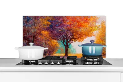 Obrázok produktu pre MuchoWow® Splashback Kuchyňa - Kuchynský backsplash - Ochrana steny pre sporák a drez Olejomaľba - Strom - Farby 80x40cm Alu-Dibond (alternatíva k