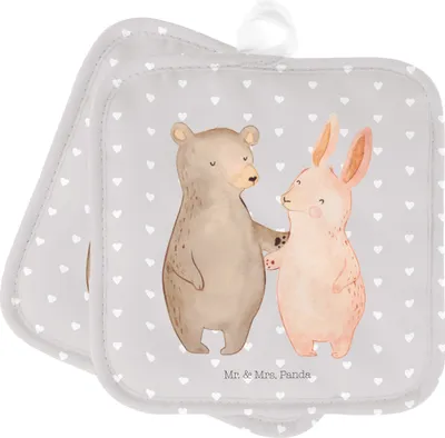 Produktbild von Mr. & Mrs. Panda Topflappen Bär und Hase Umarmen - Grau Pastell - Geschenk, Freund, Ofenlappen, topfhalter, für Immer, Freunde, Topfuntersetzer, Set, Bärchen, Bester