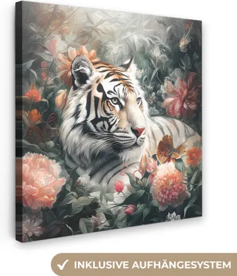 Produktbild von MuchoWow® - Leinwandbilder - Tiger - Wildtiere - Blumen - Dschungel, Wandbild, Wanddeko Bilder Wohnzimmer, 50x50 cm