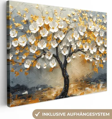 Obrázek produktu pro OneMillionCanvasses® - Plátno - Strom - Květiny - Zlatá - Béžová, nástěnná malba, nástěnné dekorace obrazy obývací pokoj, 120x90cm