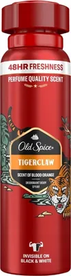 A red Old Spice Tigerclaw Deodorant Bodyspray can with graphics of a tiger and foliage.