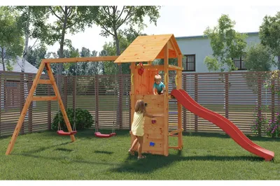 Produktbild von Fungoo Teakfarben Smart 5 Spielturm, Doppelschaukel Kletterwand Leiter Fernrohr Lenkrad, Kiefer Holz Garten Spielgerät mit Dach Podest, Bodenanker Haltegriffe inklusive