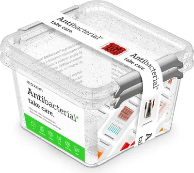 A clear plastic storage container with an antibacterial label and clips.