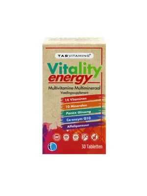 Produktbild von TAB Vitamins Vitality Energy – Multivitamin & Mineralien mit Ginseng, Vitamin C, Mg, L-Theanin, CoQ10, B-Vitamine, D3, K2 & Eisen | 30 Tabletten