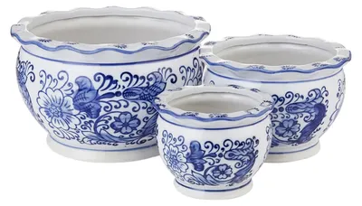 Produktbild von Elzusha – Set aus 3 blauen und weißen Porzellan-Blumentöpfen – Dekorativer Pflanzentopf