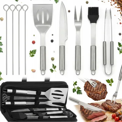 Produktbild von Grillzubehör – Besteckset: Zange, Schaufel, Spiesse (9-Teilig) + Etui