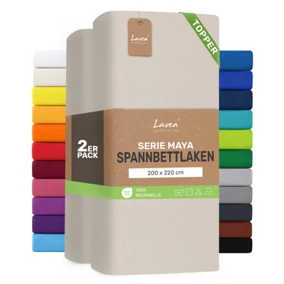 Zdjęcie produktu dla Zestaw 2 sztuk prześcieradeł elastycznych Lavea® o wymiarach 200x220 cm, wykonanych w 100% z bawełnianej dzianiny – do materacy o grubości do 10 cm – miękkie, w kolorze kremowym, naturalnej bieli