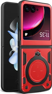 Produktbild von Handyhülle für Motorola Razr 50 Dual-Layer Stoßfest Rüstung Hülle mit Kreisförmig Ring Ständer Rot