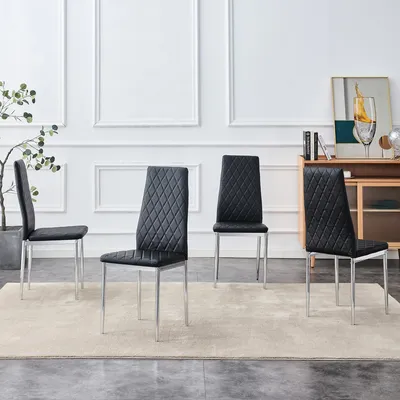 Produktbild von okwish Esszimmerstühle 4er Set Rückenlehne mit Rautenmuster, Küchenstuhl mit Metallbeine, Moderner Stil, Schwarz
