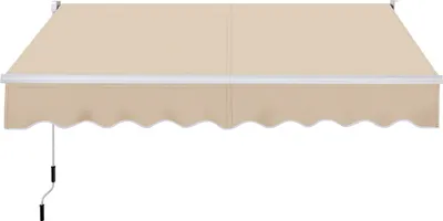 A beige retractable awning with a white frame and a crank mechanism is shown against a white background.