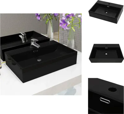 Zdjęcie produktu dla vidaXL Umywalka z otworem na baterię ceramiczna czarna 76 x 42,5 x 14,5 cm - Umywalka łazienkowa