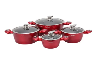 Obrázek produktu pro Rosa Bella Červené hrnce INDUCTION 8 ks Ideální pro plynové, elektrické, halogenové, sklokeramické a indukční sporáky, RB-612, sada indukčních hrnců,