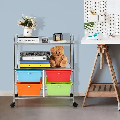 Produktbild von Aufbewahrungswagen mit Rollen, 4 abnehmbare Schubladen, Servierwagen mit offenen Regalen, Metallstruktur, Organizer für Büro, Schlafzimmer, Badezimmer (mehrfarbig)
