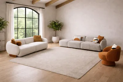 Immagine prodotto di Set moderno composto da 2 divani a 3 posti e una poltrona, rivestiti in tessuto boucle color beige terracotta