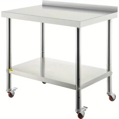 Image de Table de travail en acier inoxydable – Table de cuisine – Table de travail professionnelle sur roulettes – Capacité de charge : 199,58 kg