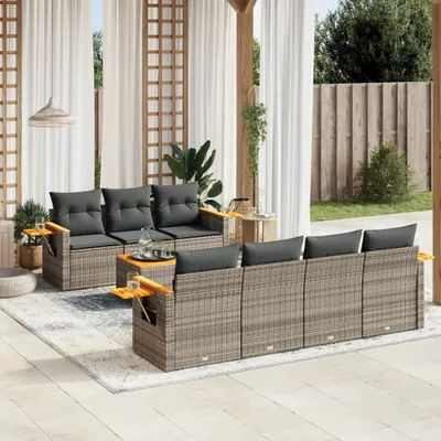 Produktbild von Design 8-tlg. Garten-Sofagarnitur mit Kissen Grau Poly Rattan, Gartenmöbel-Sets 2024 Neu