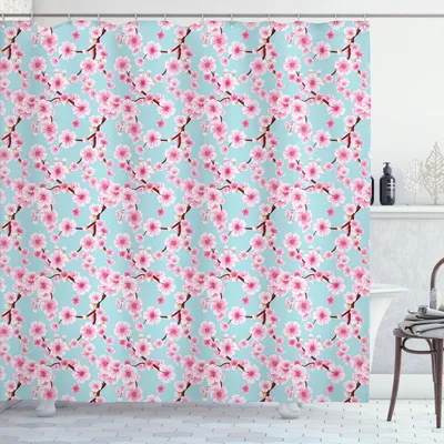 Produktbild von ABAKUHAUS Kirschblüte Duschvorhang, Inspirierende Saison Blumengarten Anordnung in Pastellfarben, 175 x 180 cm, Pale Blue Redwood Rosa
