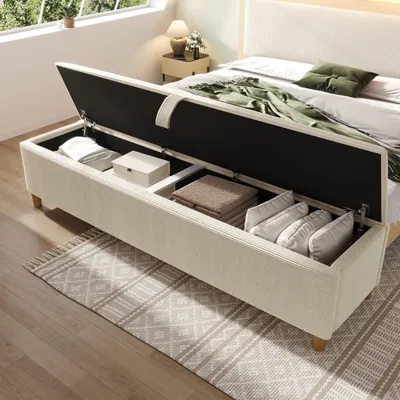 Produktbild von KLAM HOME Bettbank 145 x 38 cm Bettbank Polsterbank mit Hydraulischem Stauraum Bettbank mit Stauraum Aufbewahrungsbox Beiger Cord-Optik