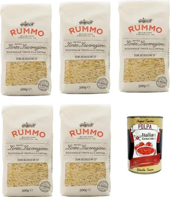 Produktbild von Rummo Semi di Orzo n° 27 Pasta Lenta Lavorazione Teigwaren aus Hartweizengrieß Bronze-Zeichnung 5x 500g + Italian Gourmet polpa 400g