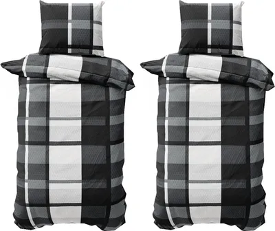 Produktbild von Winter Bettwäsche 135x200 cm Bettbezug Set Thermofleece Schwarz Grau Karo 4 teilig
