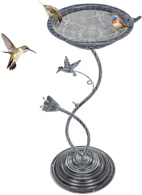 Image de Bain d'oiseaux sur pied pour le jardin, bain d'oiseaux en métal, bain d'oiseaux avec abreuvoir, station pour oiseaux en fonte, argent vintage, bain d'oiseaux d'extérieur.