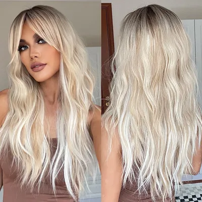 Imagen del producto de Peluca de aspecto natural, larga y rizada, con ondas. Peluca rubia con raíces oscuras. Peluca para mujer, fabricada con fibra sintética cómoda. Diseño profesional. Pieza capilar