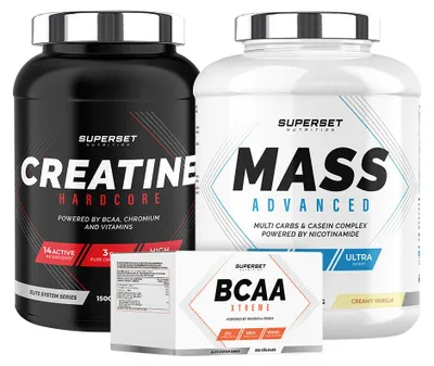 Zdjęcie produktu dla Advanced Weight Gain Programme - Mass Advanced 2,5kg Creamy Vanilla - Hardcore Creatine 1,5kg Orange - BCAA Xtreme