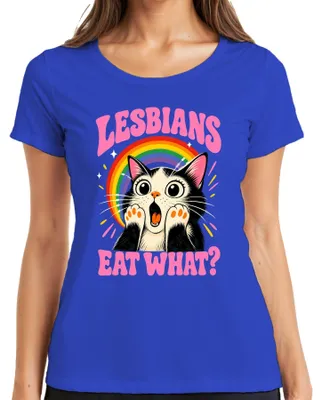 Immagine prodotto di T-shirt da donna, blu, taglia 3XL, con scritta: "Lesbiche mangiano...", "Gatto che ha scioccato", "Dichiarazione arcobaleno", "Sarcasmo"