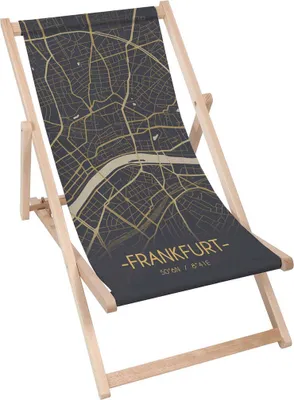 A foldable wooden deck chair with a map of Frankfurt printed on the fabric.