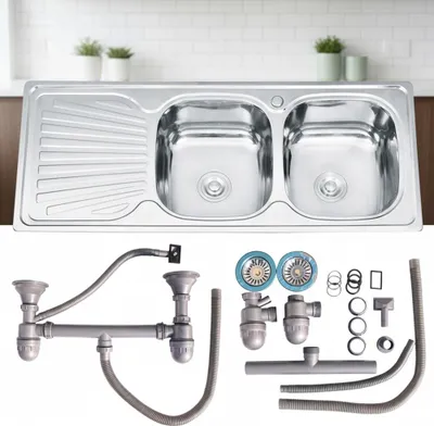 Produktbild von 120CM Doppel Spülbecken Ablage Einbauspüle Edelstahlspüle Spülbecken 2 Becken