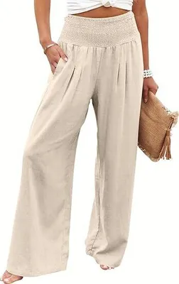 Produktbild von Damen Leinen Palazzo Hose Sommer Boho Weites Bein Hoher Bund Freizeit Hose mit Taschen