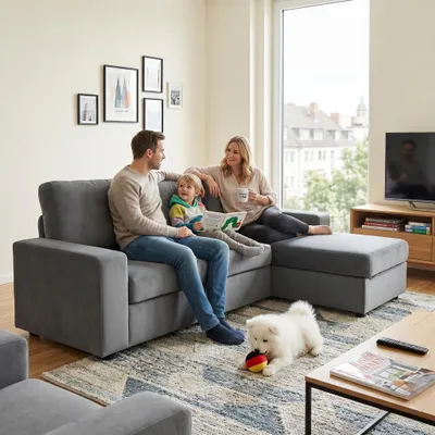 Productafbeelding van Bank met opbergruimte, grote hoekbank, 4 opbergvakken, poef, modern design (grijs)